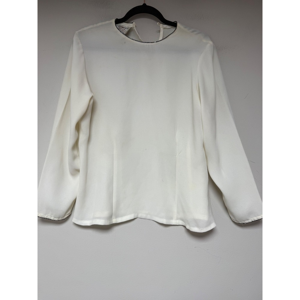 Susan Bristol Petite Cream Beaded Trim Long Sleeve Blouse Off White Top vinatge